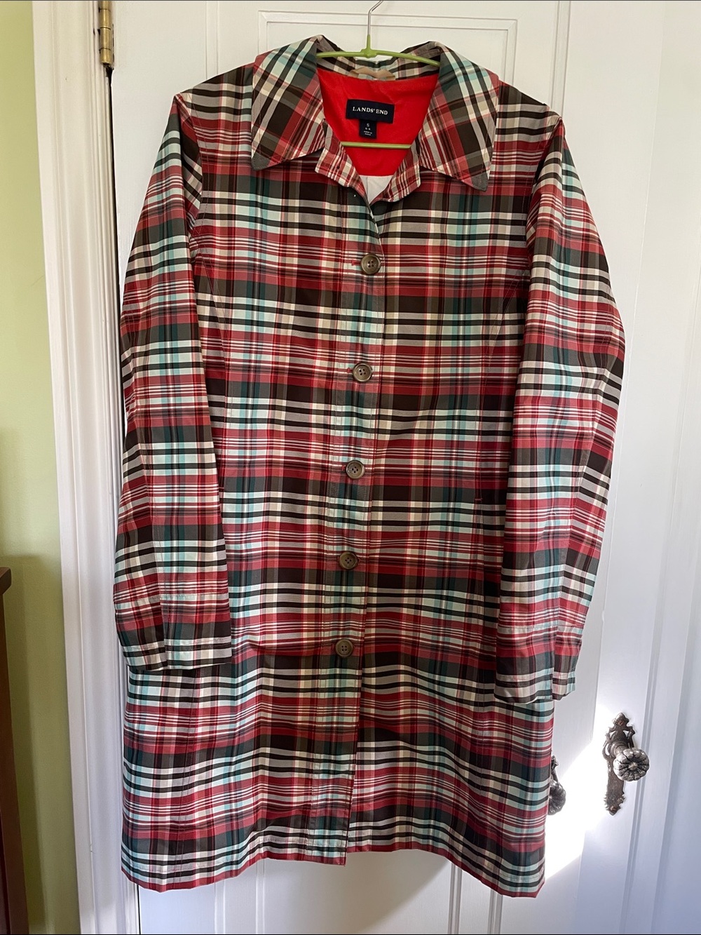 Lands' End Red, Brown and Blue Plaid Button-Front Coat